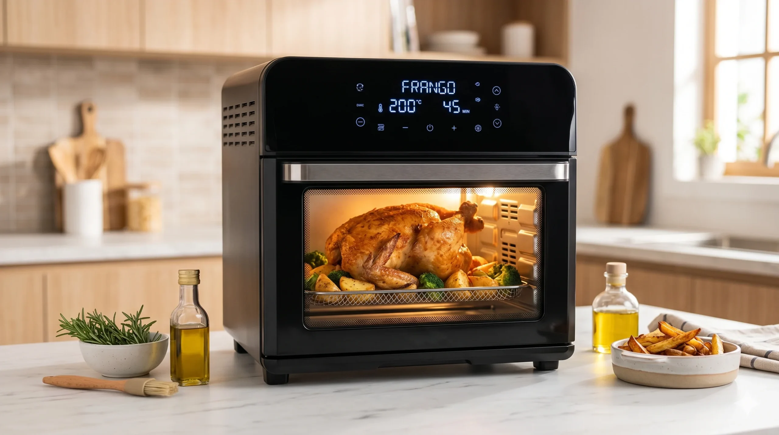 Airfryer modelo oven preta com painel digital assando um frango inteiro e batatas. A imagem demonstra a importância da área horizontal útil do cesto.