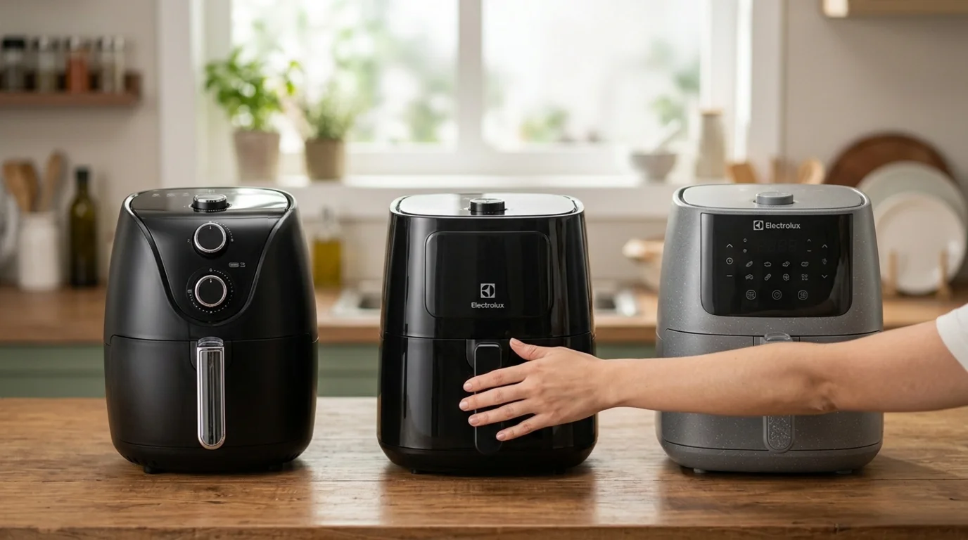 Três modelos de Airfryer Electrolux (EAF15, EAF30 e EAF40 Rita Lobo) lado a lado em uma bancada de madeira, com uma mão tocando o modelo central durante teste comparativo.